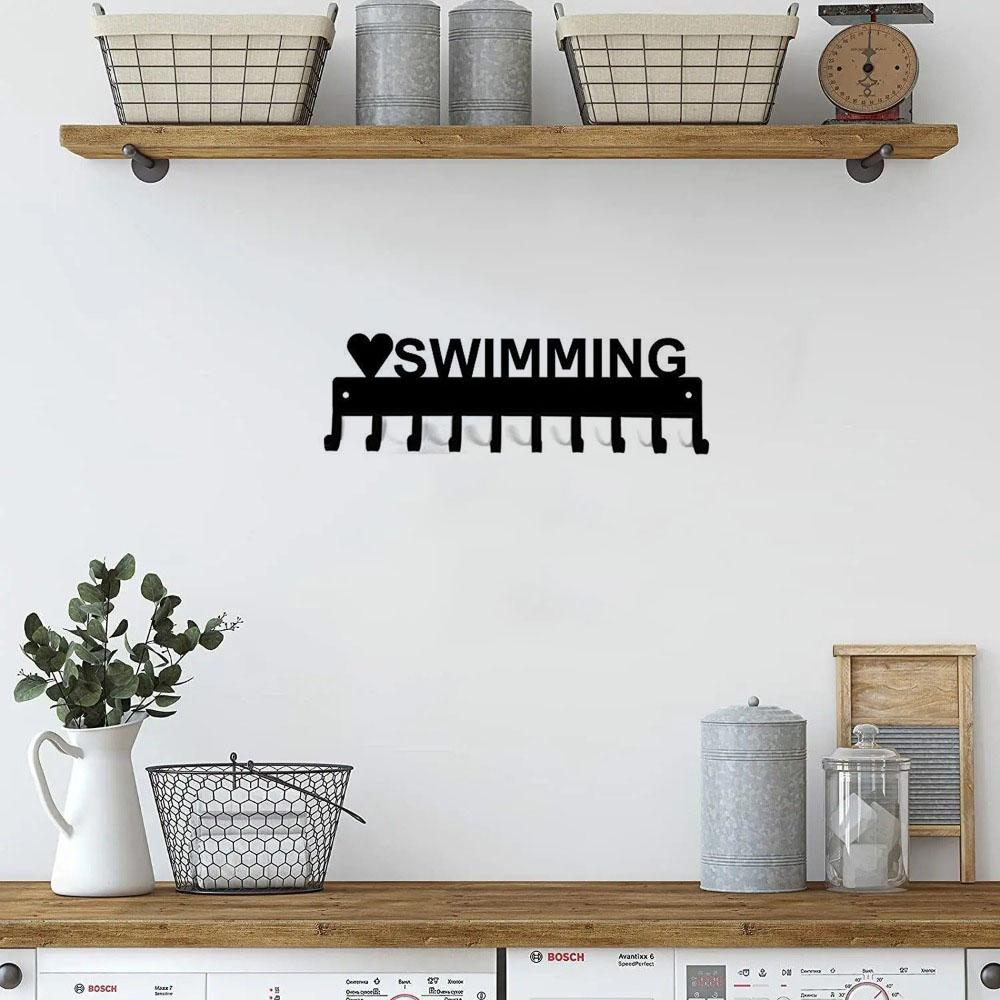 Love Swimming Medal Hanger Rack - 14.5 Inches with 10 Hooks Metal Wall Art Display Organizer Wall-mounted Decor for Medals