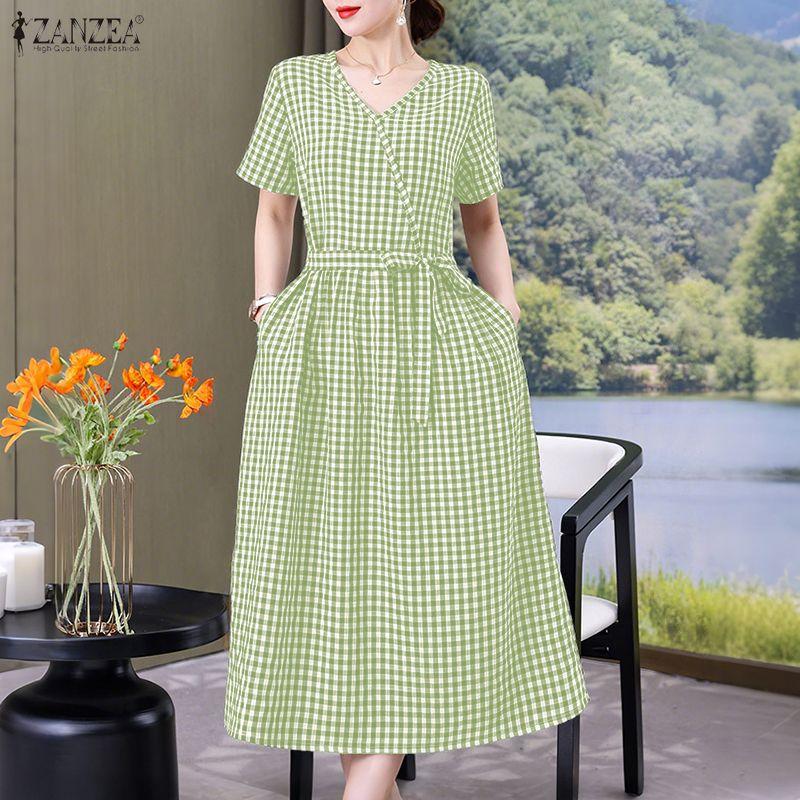 ZANZEA Women Casual V-Neck Summer Short Sleeve Plaid Print Dress