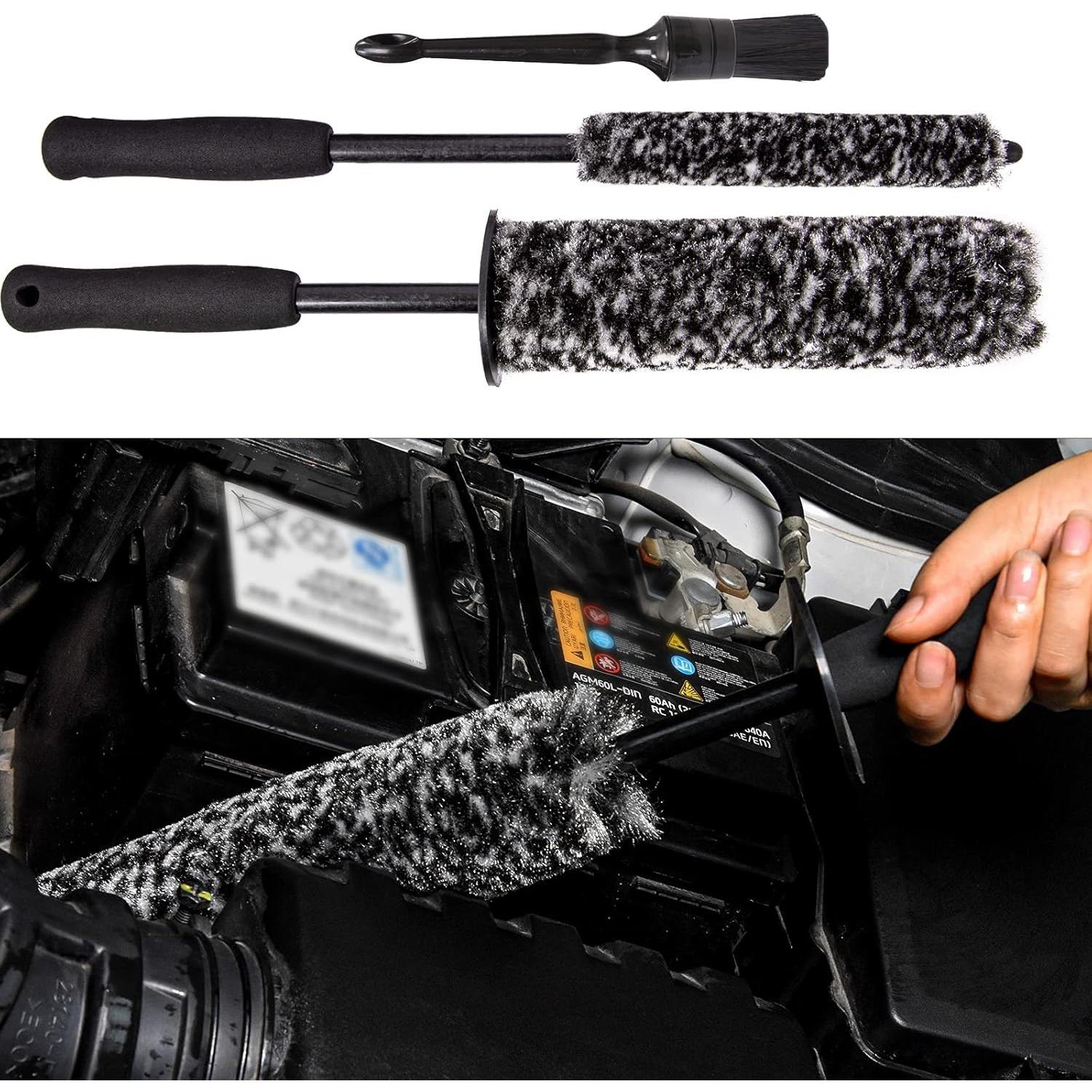 Car Wheel Rim Brush Kit, Woolies Wheel Brush, Car Cleaning Brush Fiber Rod, Steel Ring Fiber Cleaning Brush, Long Non-Slip Handle Clean Brush 3-Pack