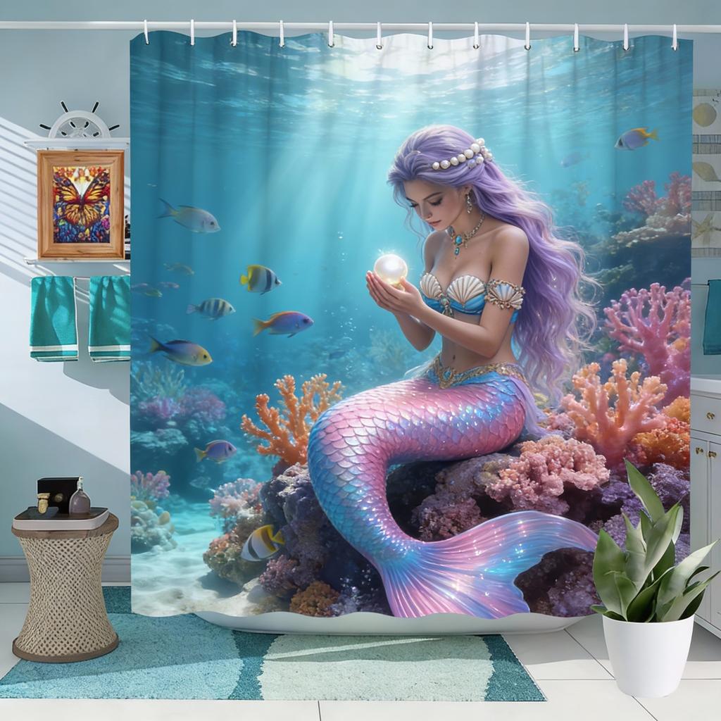 1ks Zlatý ocas mořské panny Podvodní sprchový závěs - Magická koupelnová dekorace, Polyester, Pratelný, 70,8x70,8 palce, Sušit na šňůře, n