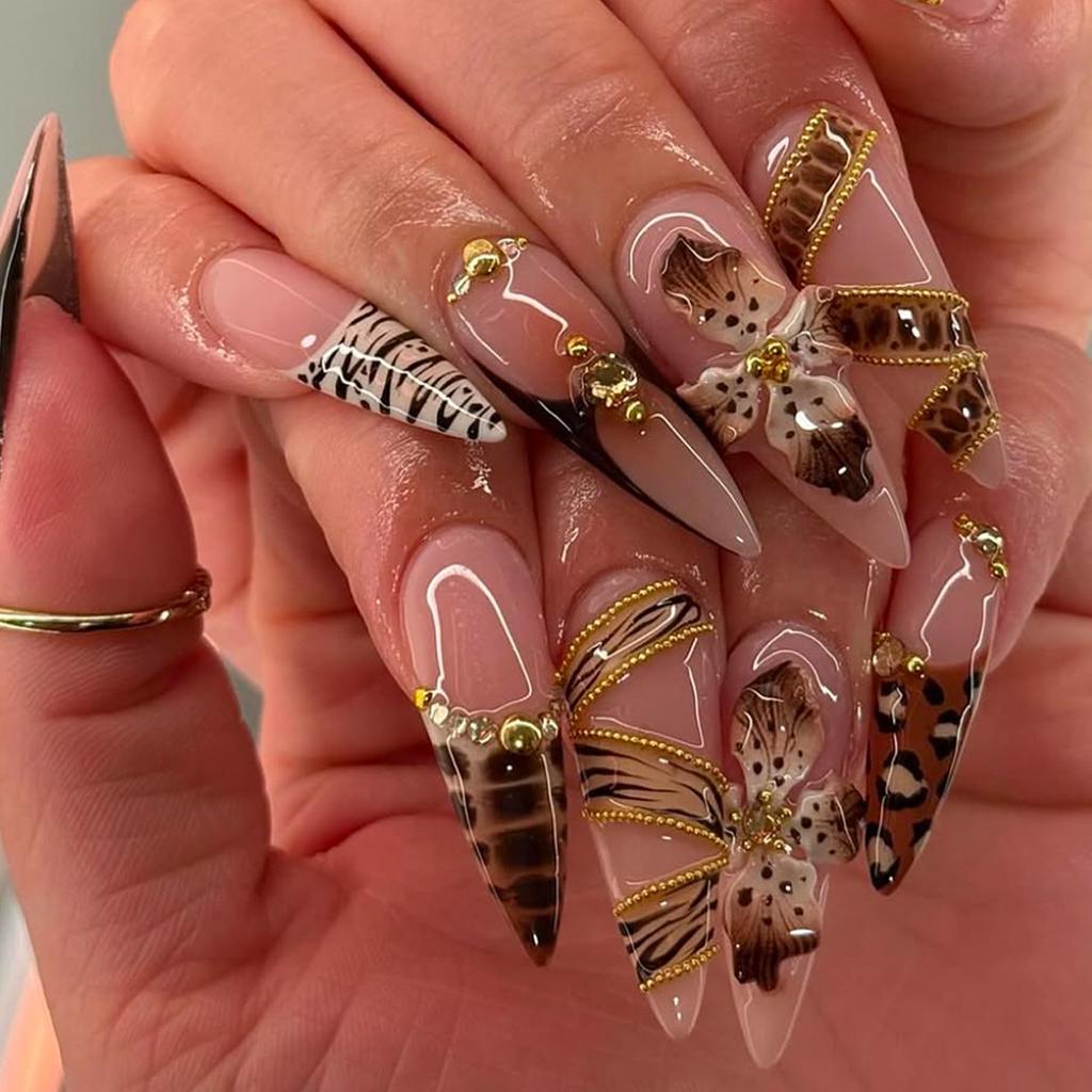 European and American Leopard Print Chain Almond-shaped Wearable Nails with Metal Pentagram Detachable False Nail Tips