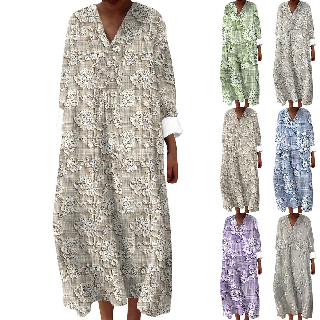 Women's Casual Fashion V-Neck Long Sleeve Textured Print Maxi Dress