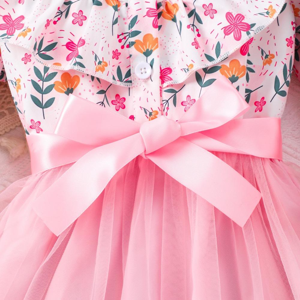 2-7 Years Girls' Floral Print Mesh Dress with Collar and Belt Girls Spring Autumn Winter Dress