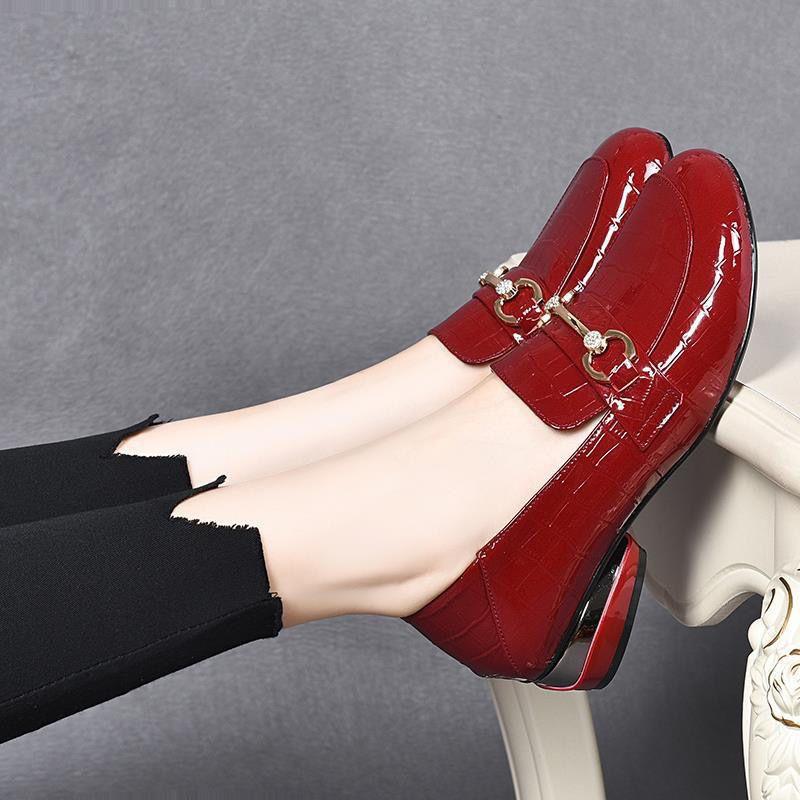 Large size women's shoes wide and fat feet - soft leather single shoes soft leather soft sole loafers thick heel low heel small leather shoes spring