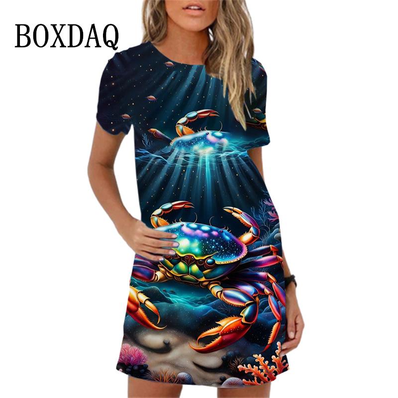 Women Dress Streetwear Clothing Casual Loose Short Sleeve O-Neck Mini Dress Fish Octopus Crabfish Pattern Woman Dresses