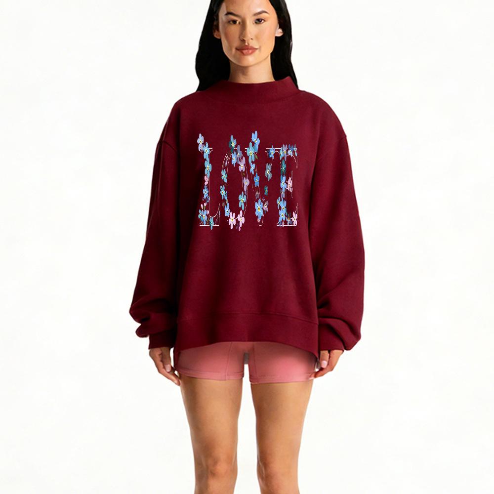 Women's Autumn Heavyweight Loose Fit Hot Stamped Mid-High Neck Sweatshirt