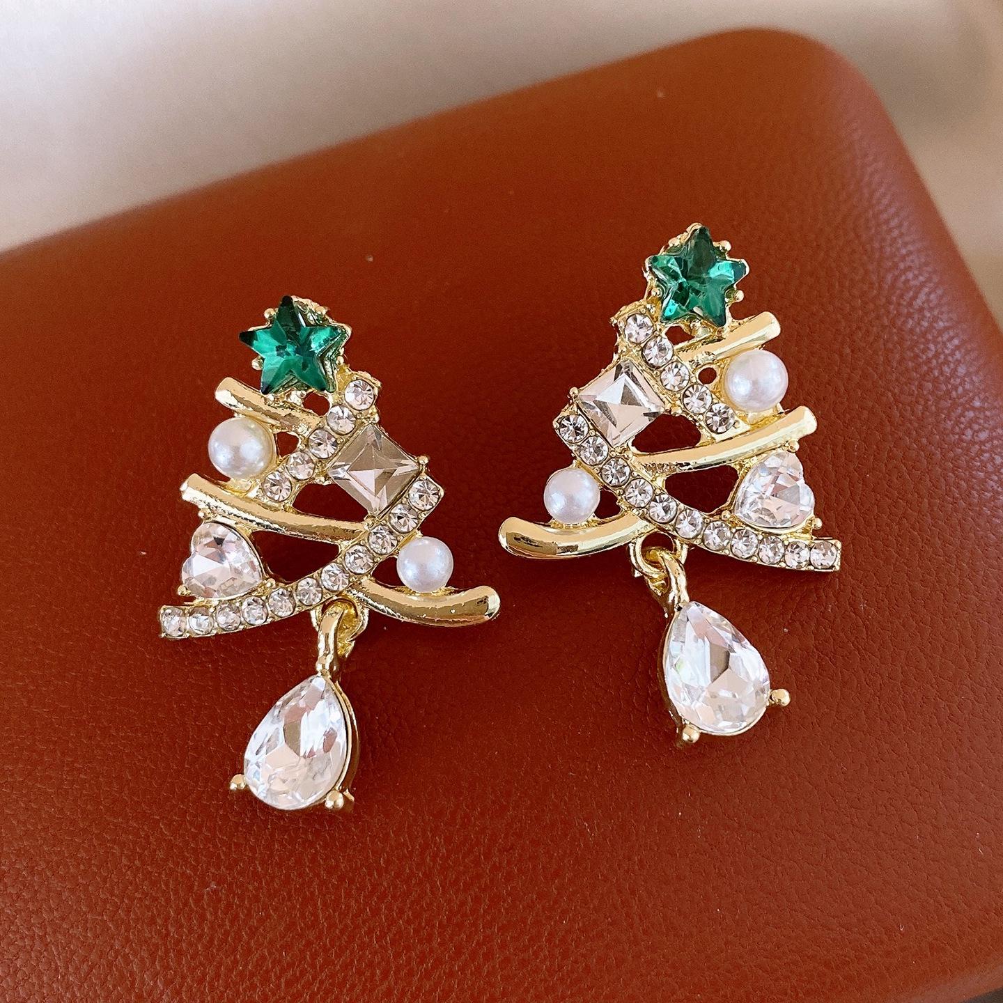 

Silver Needle Diamond-Embellished Christmas Tree Tassel Earrings - Elegant Light Luxury Studs