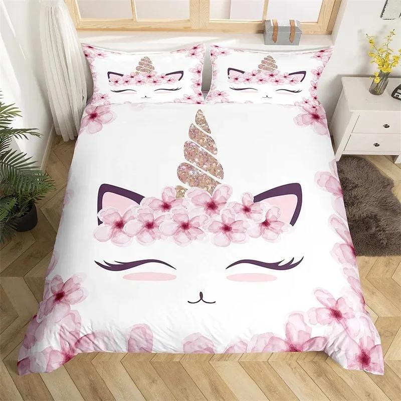 Cartoon Unicorn Duvet Cover Twin King Smiling Eyelash Rainbow Bedding Set For Kids Girls Microfiber Magical Animal Quilt Cover