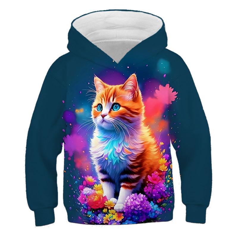 Girls' hooded long-sleeve sweatshirt, cute 3D cat pattern, children's spring and autumn casual outdoor pullover