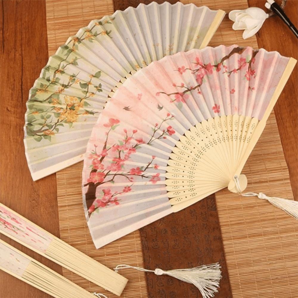 Silk Material Vintage Silk Folding Fan Bamboo Frame Dance Fan Elegant Hand Fan Dance Performance