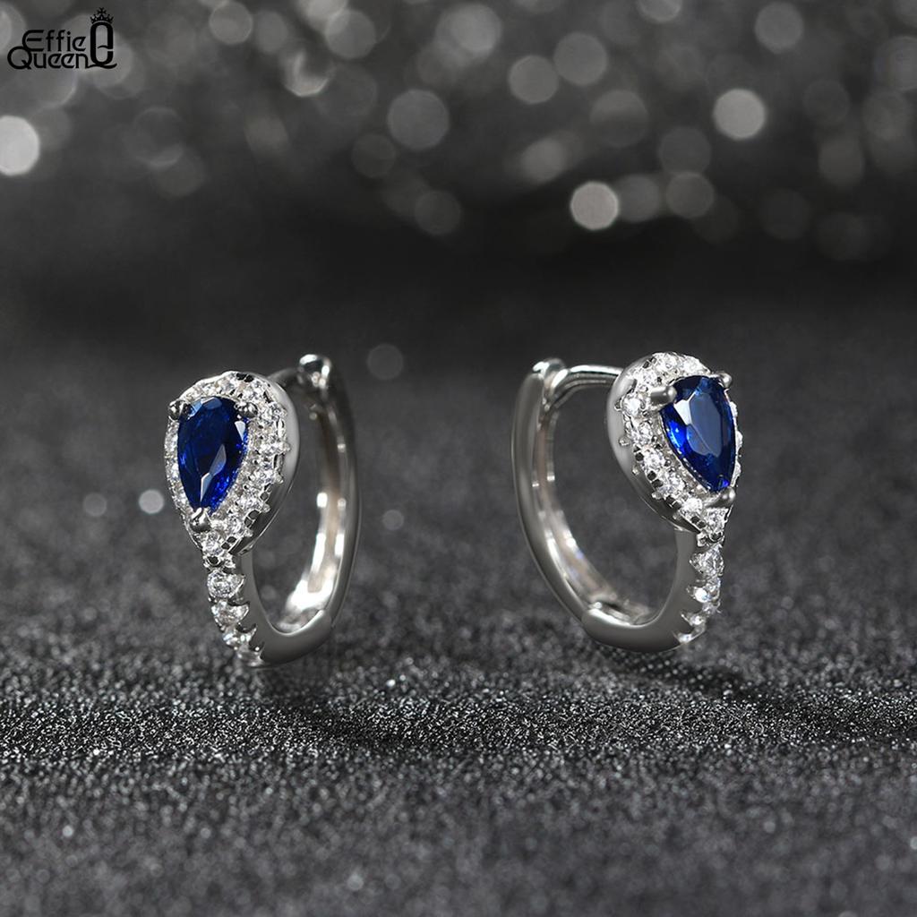Effie Queen Opulent 925 Sterling Silver Hoop Earrings with Blue Stunning Water Drop-Cut Zirconia Elegant Jewelry for Women LZE16
