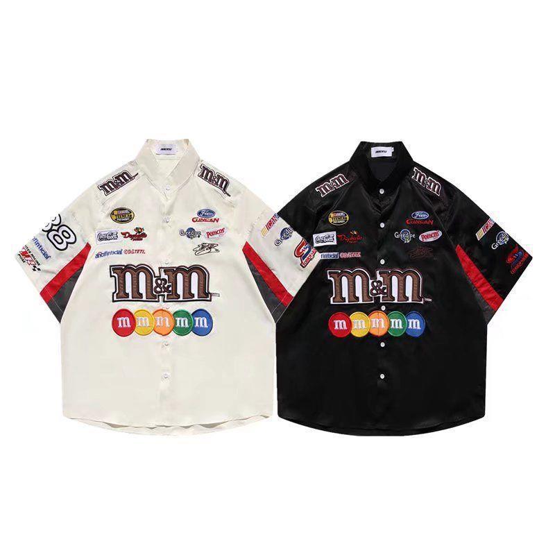 Men's American Retro Hiphop Street Racing Short-Sleeve Summer Shirt - Trendy, Motorcycle-Inspired, Loose, Thin Design