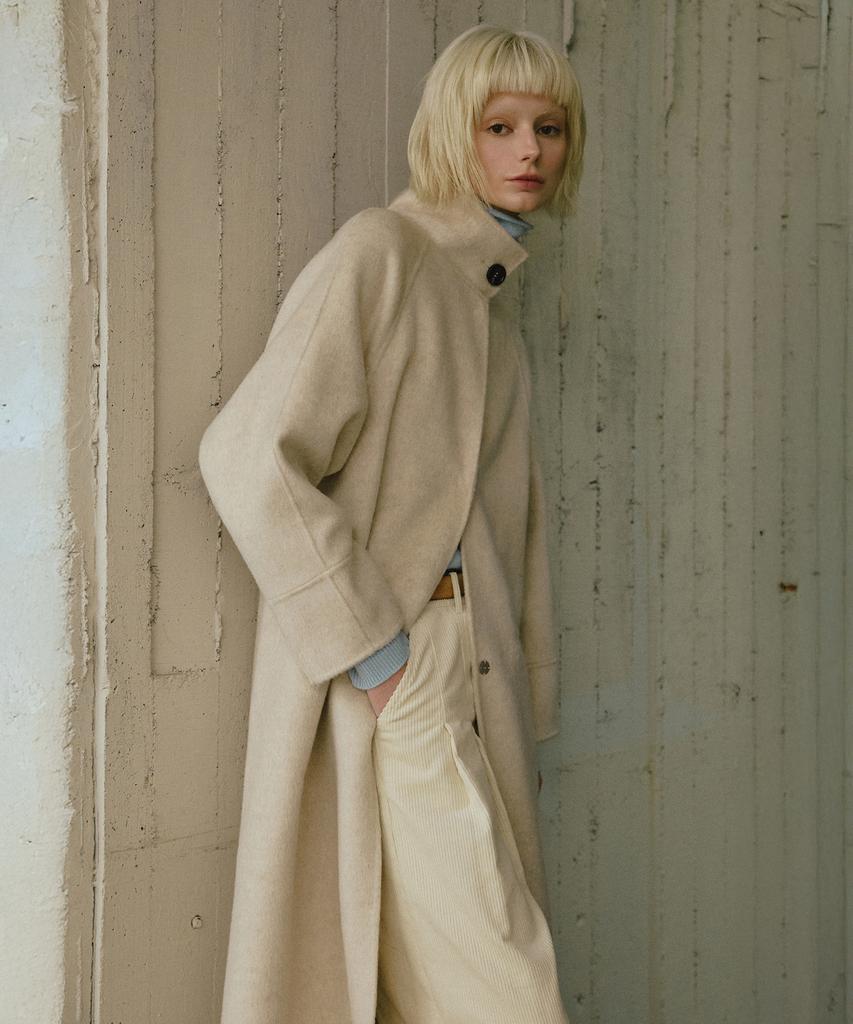 Leftseoul Cashmere Handmade High-Neck Long Coat [Oatmeal]