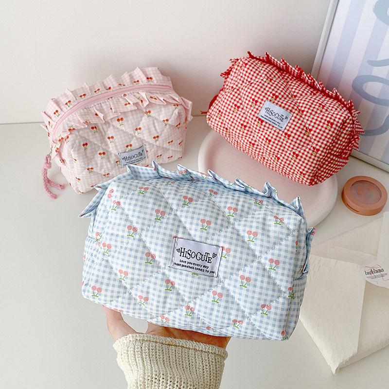 Ins Fresh Red Cherry Quilted Cosmetic Bag Fashion Small Large Toiletry Makeup Storage Bag Cute Lipstick Sanitary Napkin Case