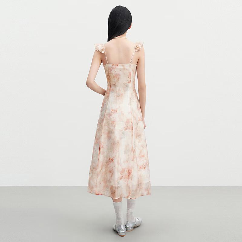 Ledian Tie-dye Pink Floral V-neck Ruffle Hem Long Dress
