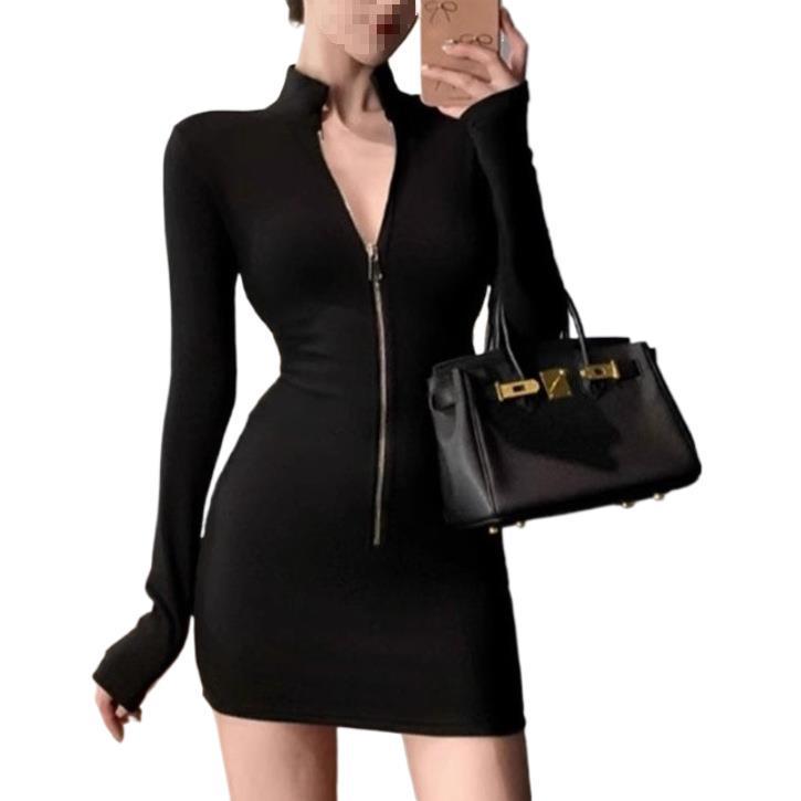 Elegant Solid Color Bodycon Zipper Dress for Women - Autumn/Winter Slimming Short Skirt