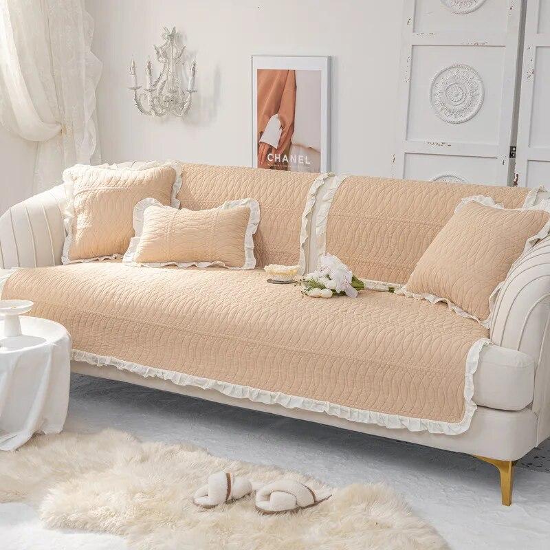 Cotton Sofa Cover for Living Room Thicken Sofa Cushion Solid Color Lace Fabric Embroidery Sofa Cover L Shape Couch Covers Decor