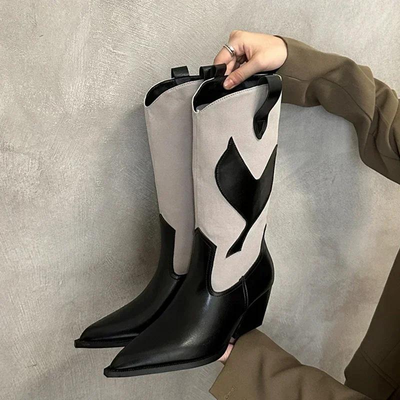 Luxury Pointed Toe Western Cowboy Boots Women  New Retro Knight Boots for Women Leather Splicing Chunky Heel Mid Calf Boots