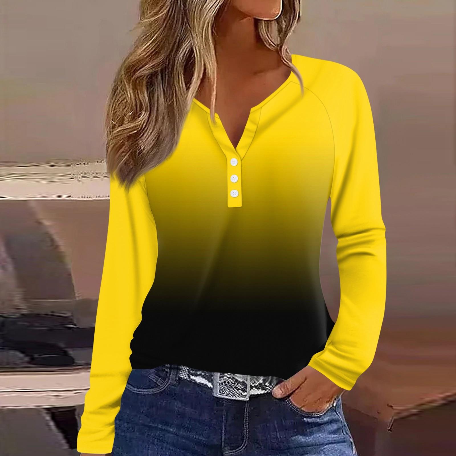 

Женская футболка с принтом, на пуговицах, с длинным рукавом, повседневная, для выходных, модная, базовая, с V-образным вырезом, обычный топ S жёлтый