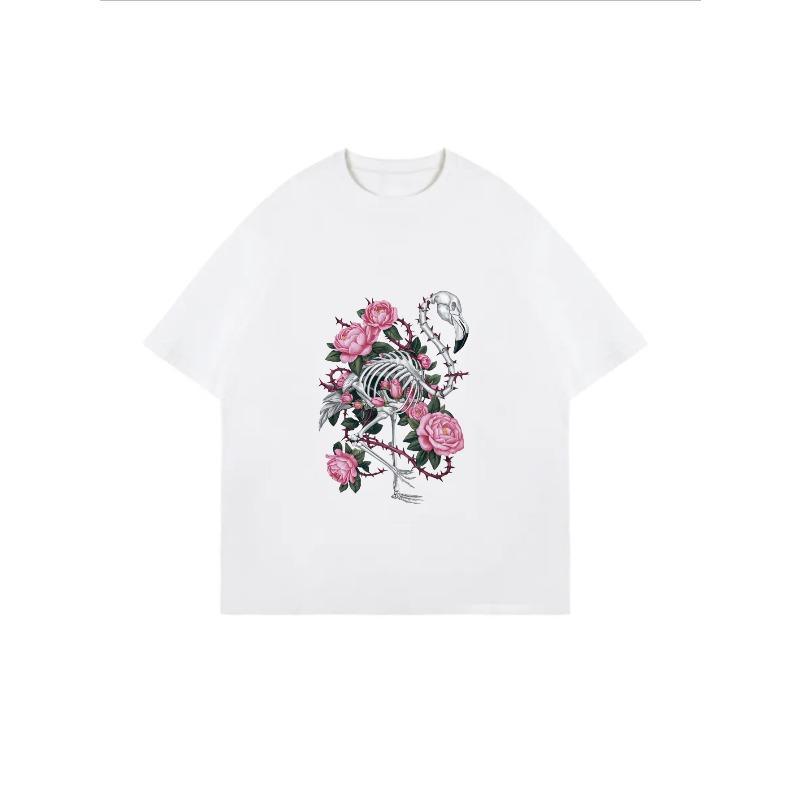White Oversized T-Shirt With Floral And Skull Print For Casual Wear