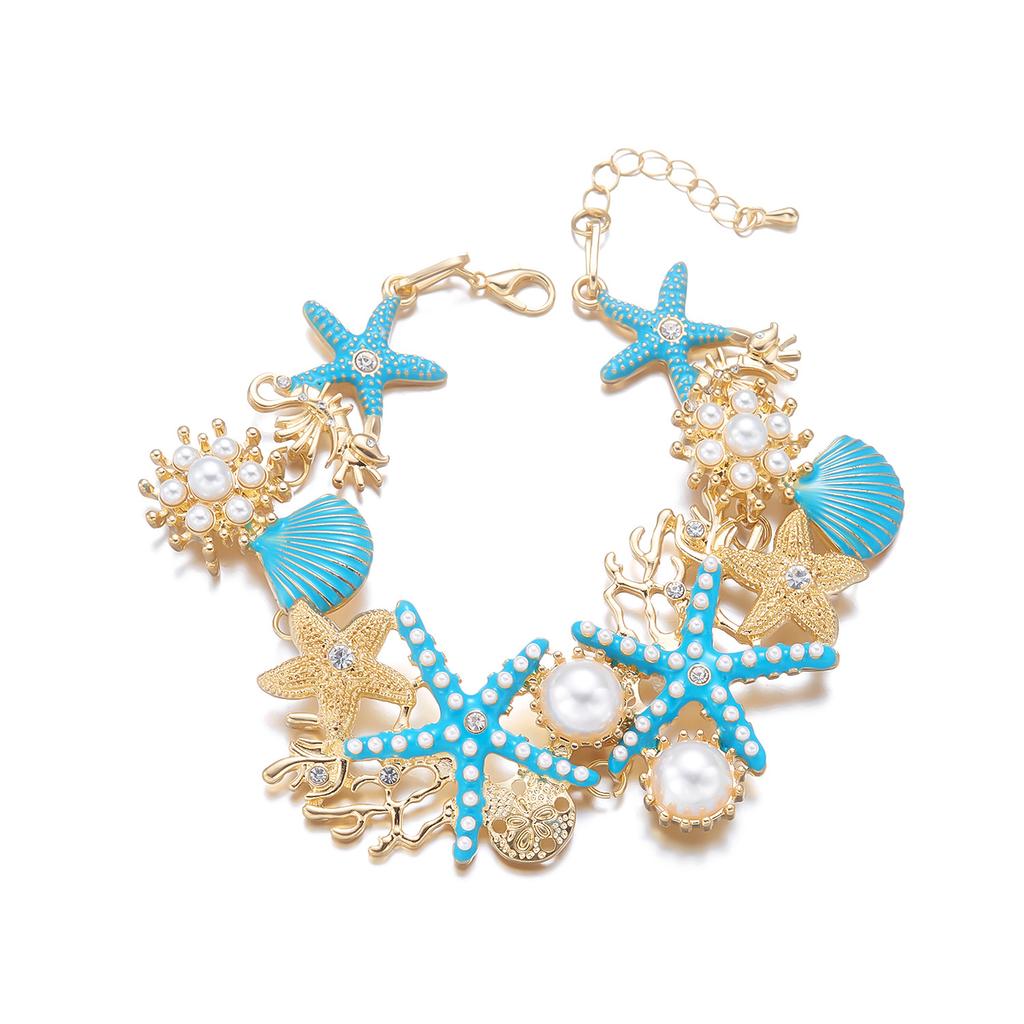 Seestern Muschel Koralle Perlen Halskette Armband Set Sommer Strandurlaub Stil Accessoire Persönlichkeit Trendiger Modeschmuck