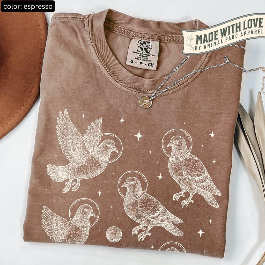 Space Pigeons T-Shirt Vintage Line Art Pigeons in Space, Whimsical Astronaut Bird Shirt, Nature Lover Funny Gift Pigeon Lover Graphic Tee