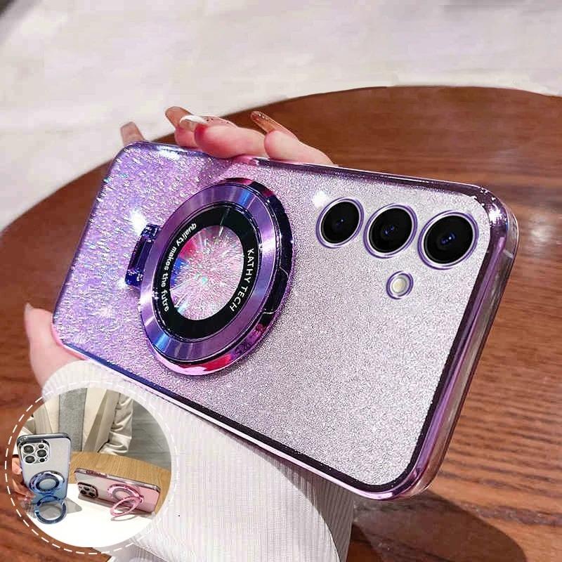 A56 A36 A26 S24FE Glitter Plating Holder Silicone Case For Samsung Galaxy A16 A15 A25 A35 A55 A14 A24 A34 A54 5g Stand Cover