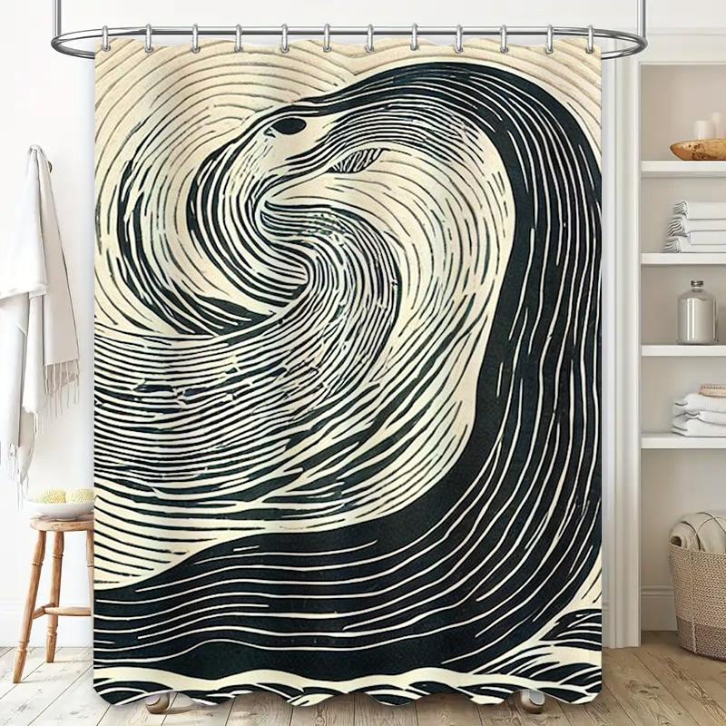 Black White Wave Print Shower Curtain Modern Bath Decor