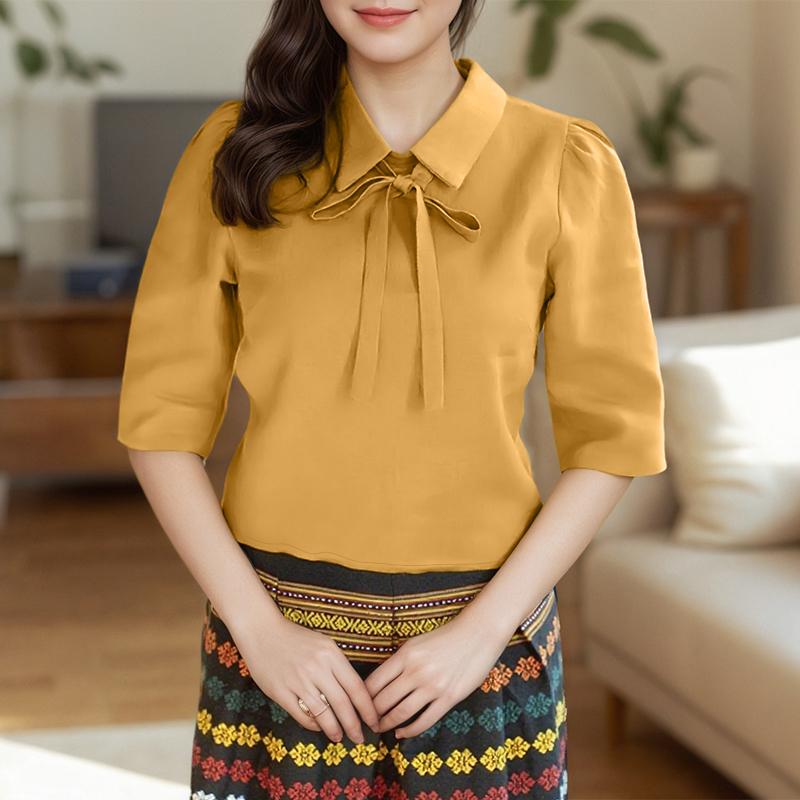 

ZANZEA Women Casual Classic Collar Loose Half Sleeve Solid Blouse S жовтий