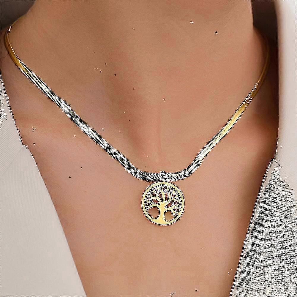 Simple stainless steel Tree of Life snake bone chain clavicle necklace, gold