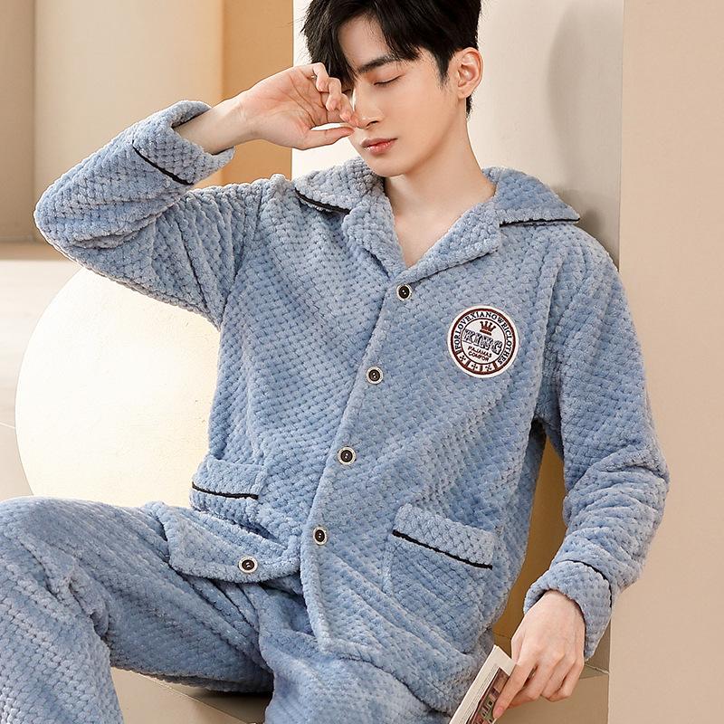 Men's Coral Fleece Pajamas Long Sleeve Thickened Flannel Home Clothes Set Autumn Winter Warm Loose Fit Sleepwear Ensemble