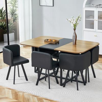 Dining Table Set – Table with Wood Grain Surface & Black Metal Frame, for 4-6 People, Ideal for Kitchen & Living Room