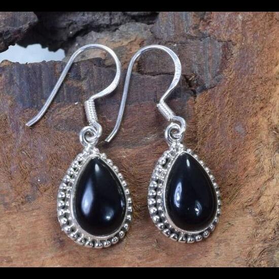 Solid 925 Sterling Silver Black Onyx Gemstone Bohemian Earrings Gift For her Bezel Earrings