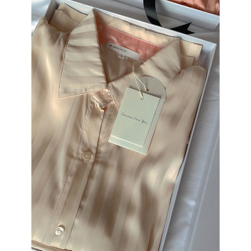 

Italian CP ~ Silk Satin Pajamas Set Women Black Jacquard Stripe Skin-friendly Long sleeve Trousers Homewear Champagne color L