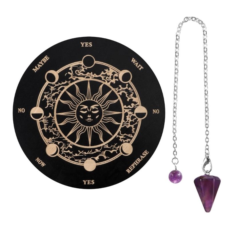 Divination Metaphysical Message Board Wooden Pendulum Board with Crystal Dowsing Pendulum Necklace Witchcrafts Supplies