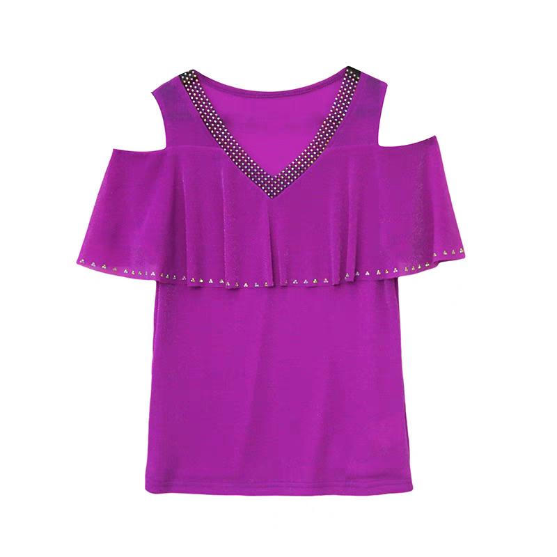 New Korean Summer Women's T-Shirt Hot Diamonds V-Neck Bling Tees Fashion Short-Sleeve Sexy Off The Shoulder Tops