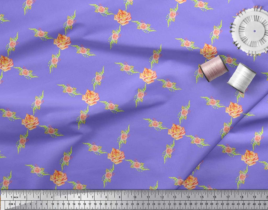 Soimoi Purple Japan Crepe Satin Fabric Grandiflora Rose & Camellias Floral Print Fabric by Metre 42 Inch