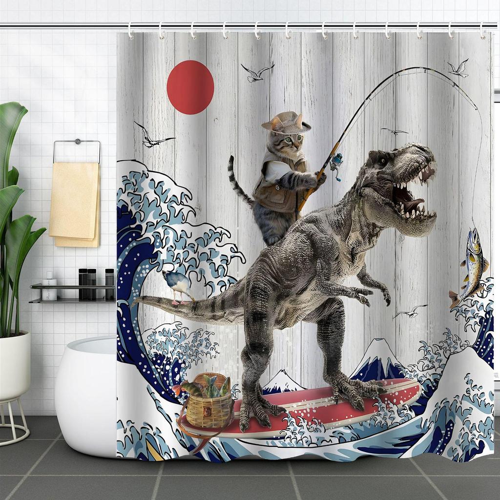 Waterproof Curtain With Mildewproof Shower Sea Wave Dinosaur Whale And Cat Print
