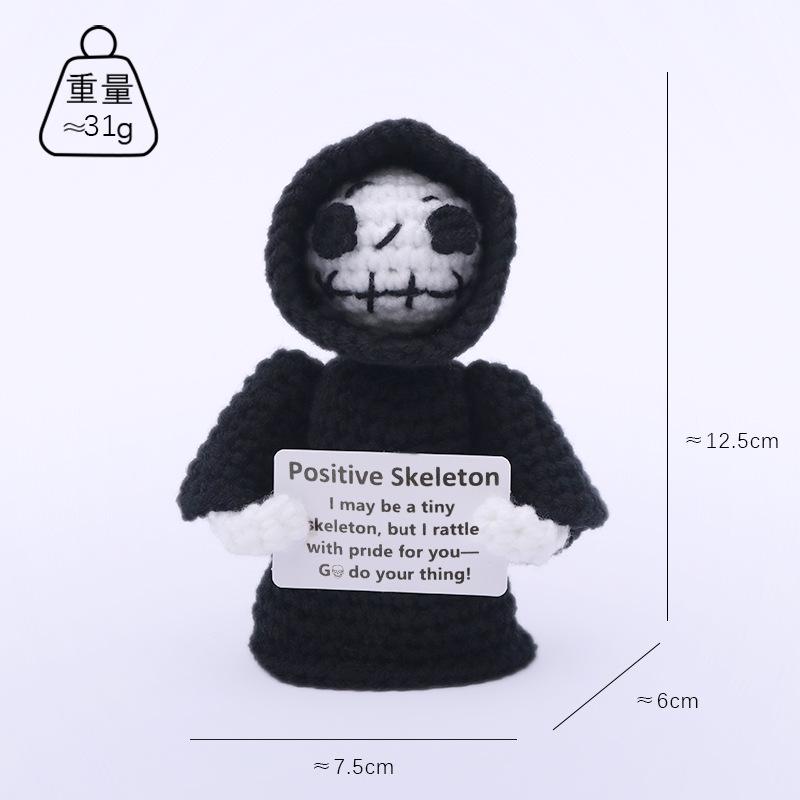 Handmade Halloween Skeleton Crochet with Positive Card Home Halloween Decoration Funny Knitted Death Skull Doll Ornament Decor