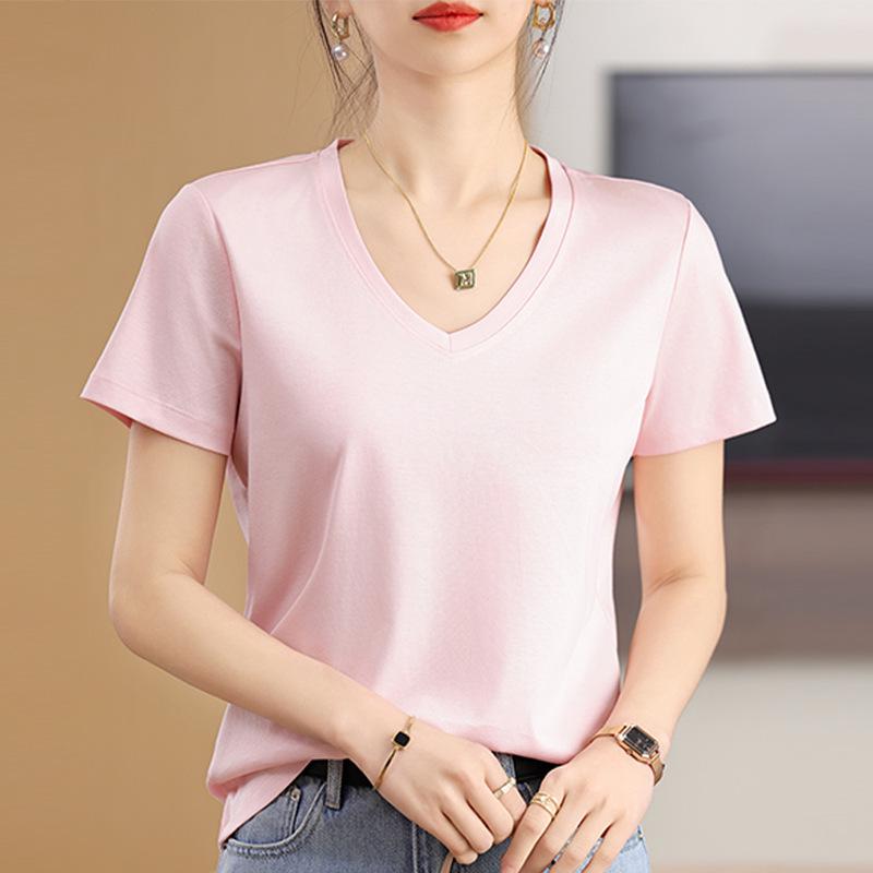 Women's V-Neck Mercerized Cotton Short-Sleeve T-Shirt - 2025 Summer Collection, Sweetheart Neckline