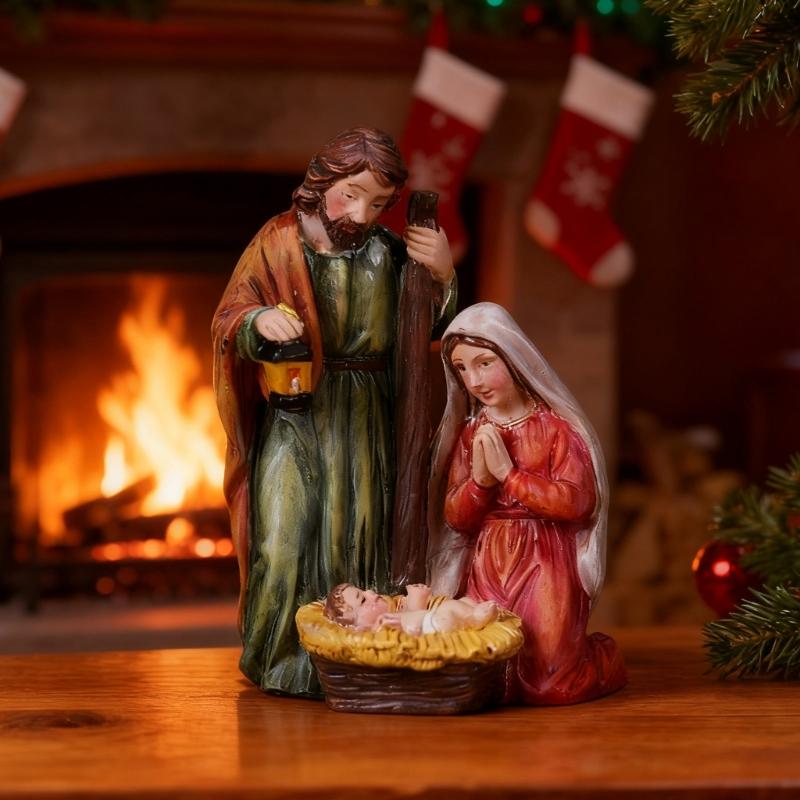 Warm LED Illuminating Nativity Scene Ornament Resin Craft Holy Family Figurine Statue Festive Christmas Display Piece