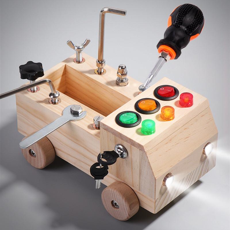 

Fire Lighting Wooden Truck With Disassembly Assembly For Kids Learning Early Lighted Nut Truck