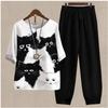Women's Casual Two-Piece Floral Print Outfit Five-Point Sleeve Tops and Elastic Waist Pants Set
