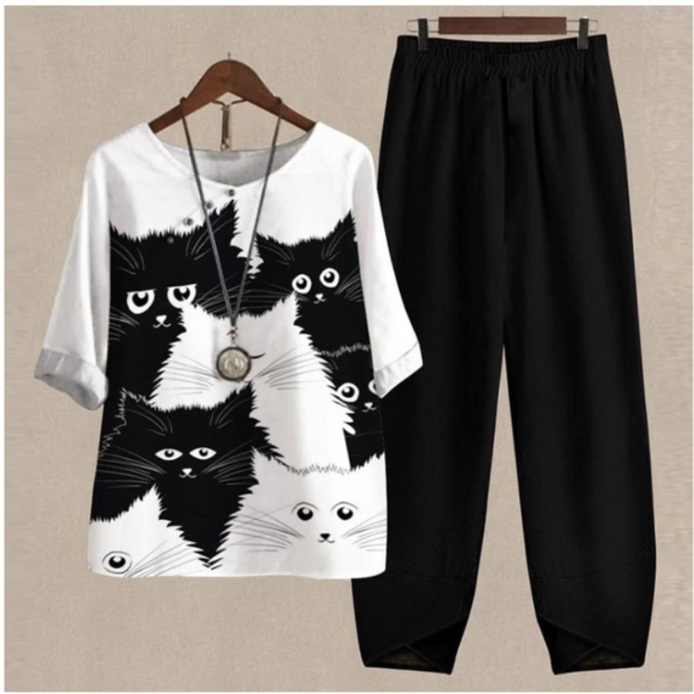 Women's Casual Two-Piece Floral Print Outfit Five-Point Sleeve Tops and Elastic Waist Pants Set