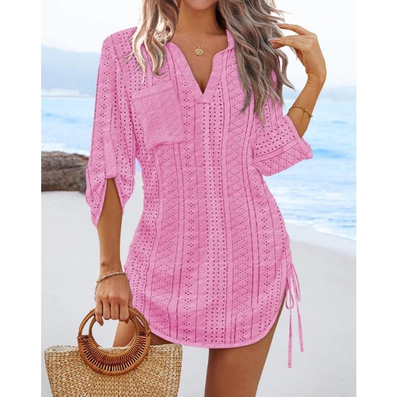 JKASHDK Women's Fashion Summer Spring Solid Color Print Short Sleeve V-Neck Loose Waistline Casual Dresses