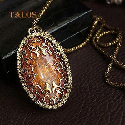 Women Vintage Amber Hollow Pendant Necklace Sweater Long Chain Jewelry Gift Suspension Trinket