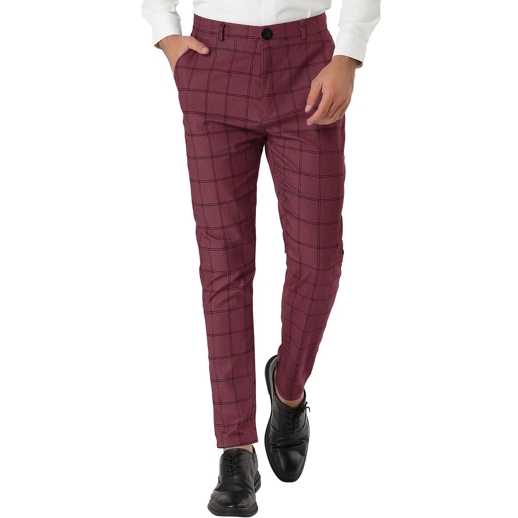 Men's Dress Plaid Slim Fit Flat Front Business Pants With Pockets