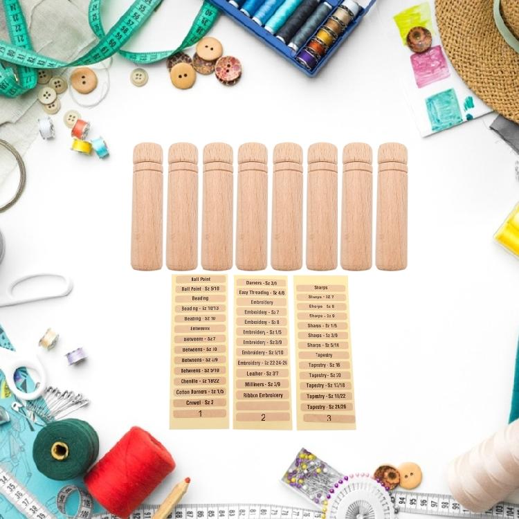 8Pcs Wooden Needle Storage Tubes with Labels for Sewing Pins Knitting Needles