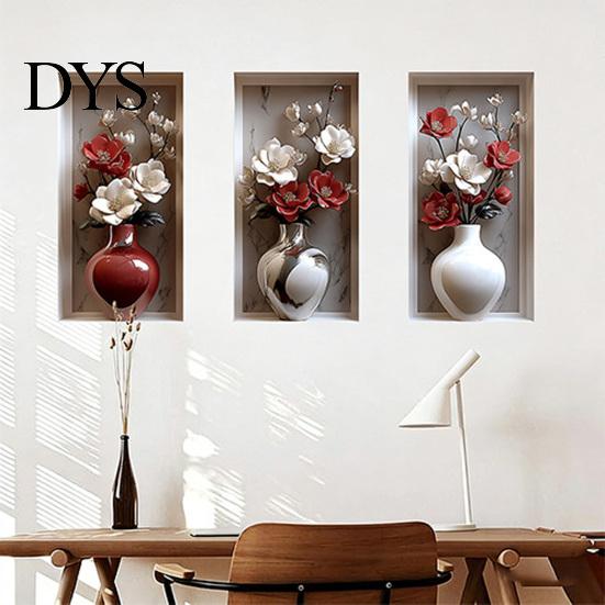 Easy Install Wall Sticker 3 Pcs 3D Vase Stickers Vintage Flower Art Space Extension Self-Adhesive Colorful Floral Blossom Decals for Bedroom