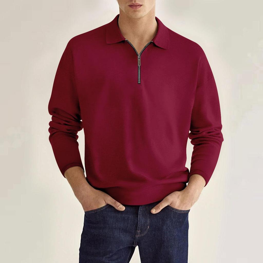 Fashion Men's Casual Polo Top Shirt Zip Solid Colour Men's Long Sleeve Sports Polo Shirt